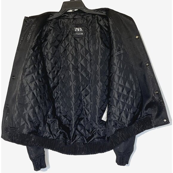 New Zara Black Metallic Pockets Snap Front Insulated Moto Bomber Jacket - Picture 6 of 10